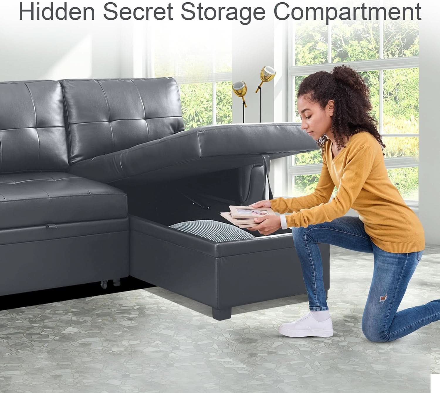 Sleeper Sectional Sofa With Convertible Bed In Dark Gray