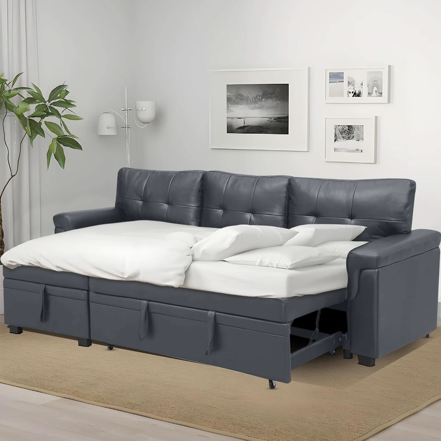 Sleeper Sectional Sofa With Convertible Bed In Dark Gray
