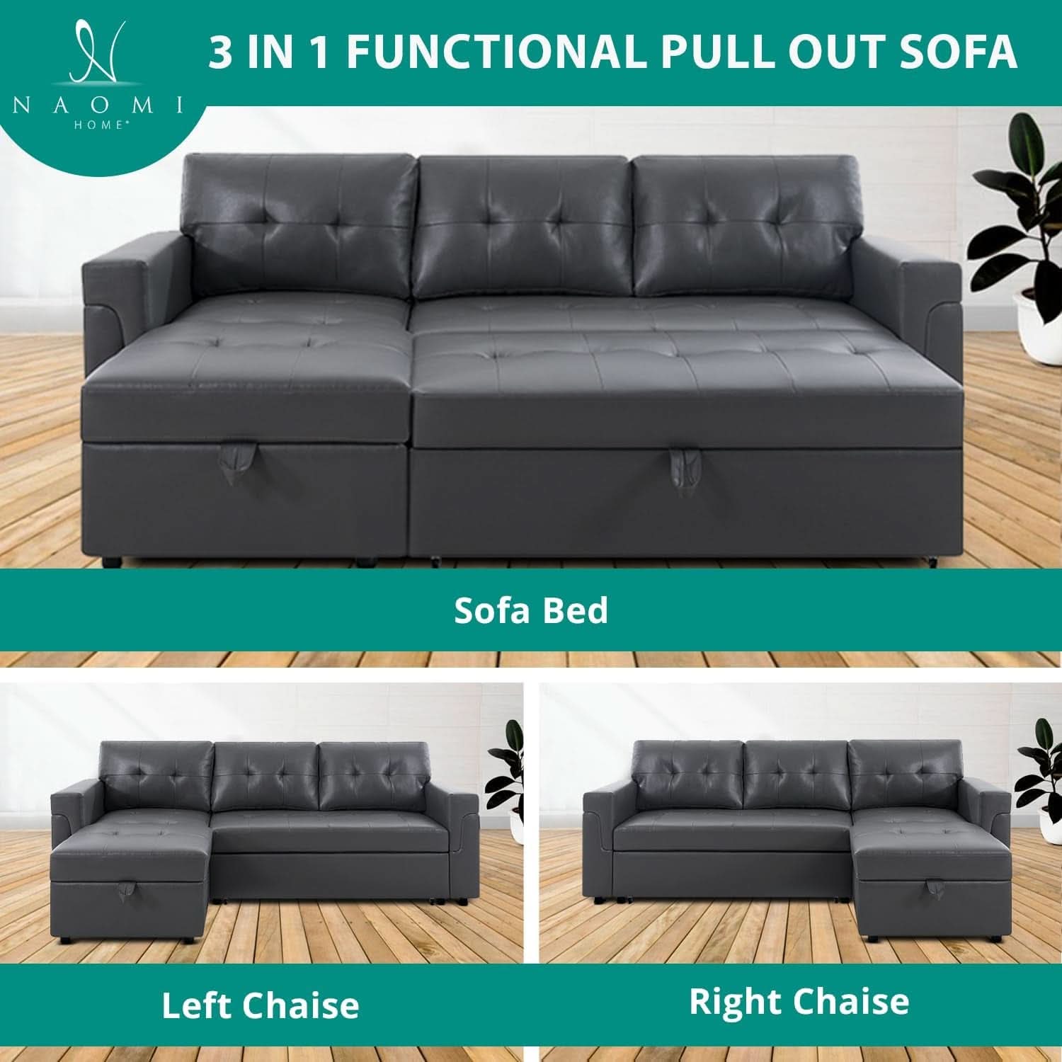 Sleeper Sectional Sofa With Convertible Bed In Dark Gray