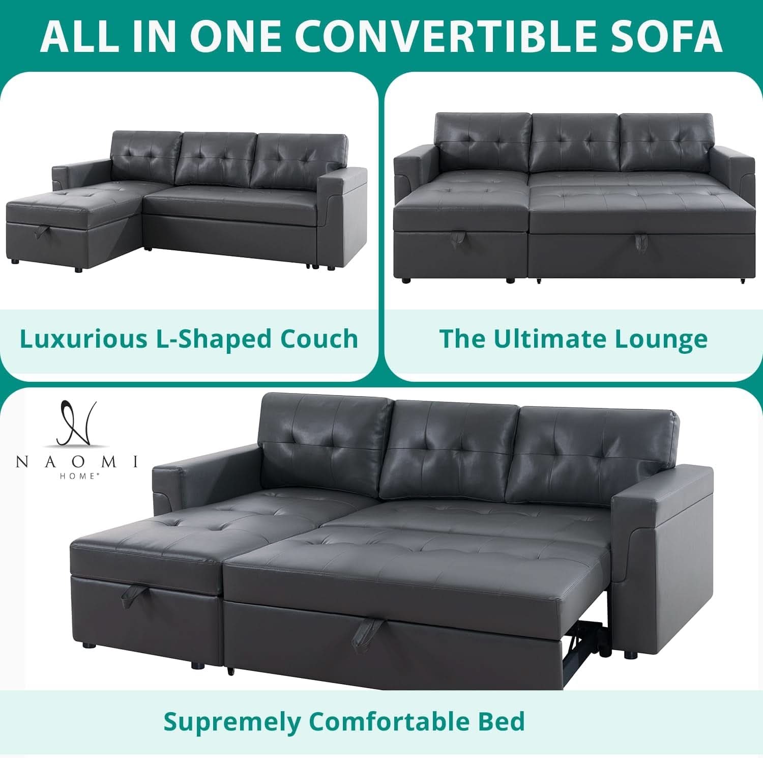 Sleeper Sectional Sofa With Convertible Bed In Dark Gray