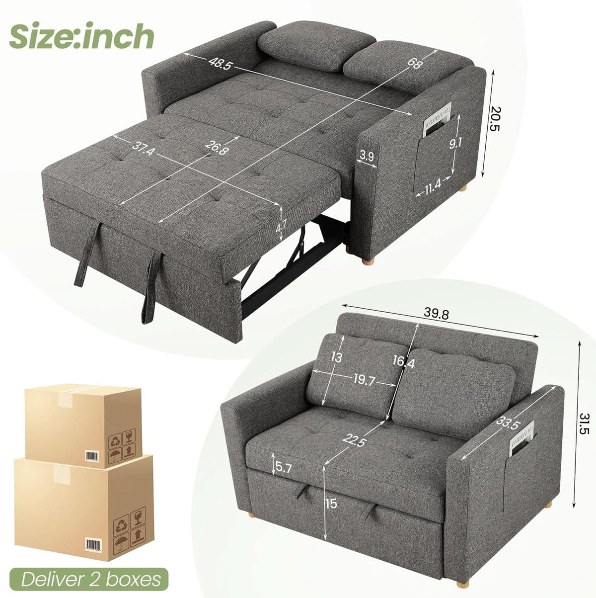 Sleeper Sofa Bed, 3-In-1 Convertible Sofa Chair, Linen Fabric Pull Out Couch Bed, Loveseat Sleeper with Spring Support, Adjustable Backrest, 2 Seater Recliner Chair for Small Space, Dark Grey