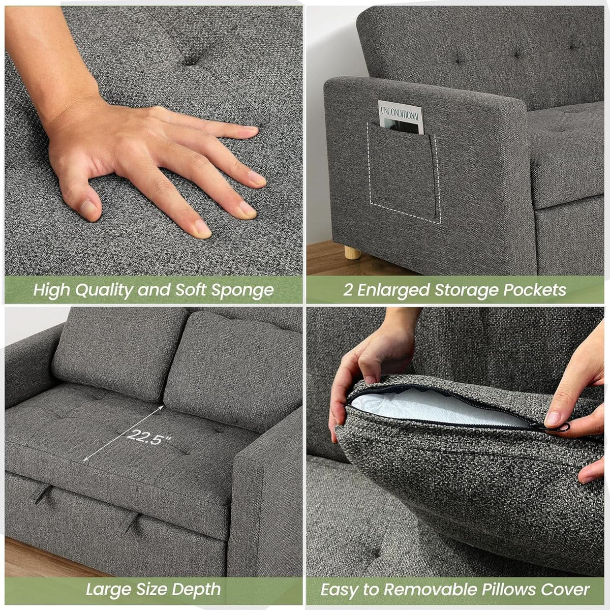 Sleeper Sofa Bed, 3-In-1 Convertible Sofa Chair, Linen Fabric Pull Out Couch Bed, Loveseat Sleeper with Spring Support, Adjustable Backrest, 2 Seater Recliner Chair for Small Space, Dark Grey
