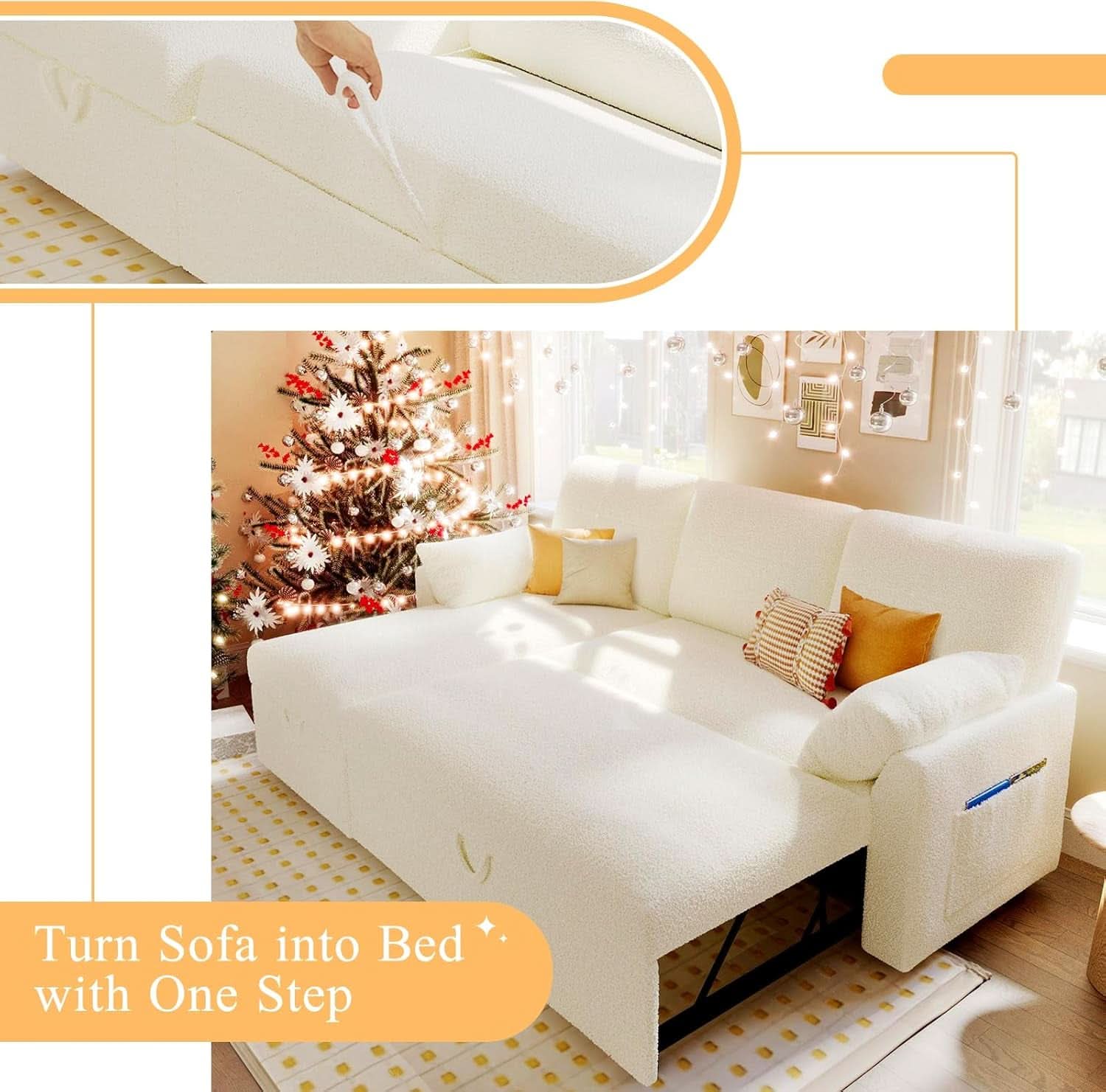 Sleeper Sofa Bed With Storage Chaise In White Boucle