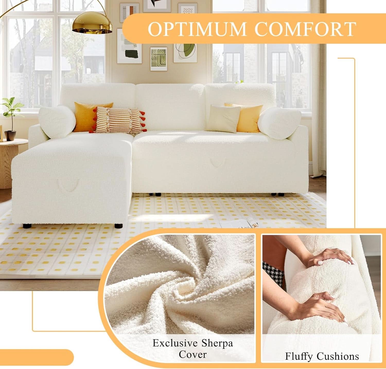 Sleeper Sofa Bed With Storage Chaise In White Boucle
