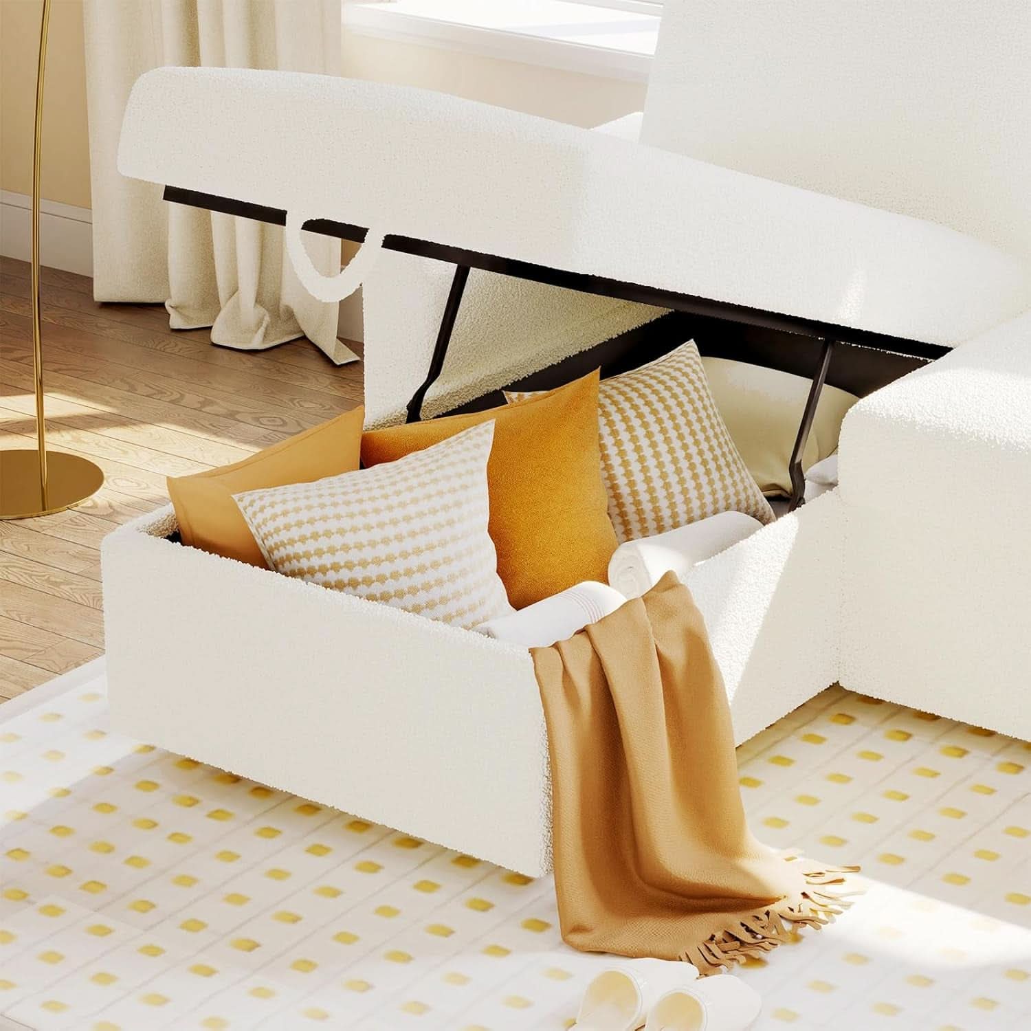 Sleeper Sofa Bed With Storage Chaise In White Boucle