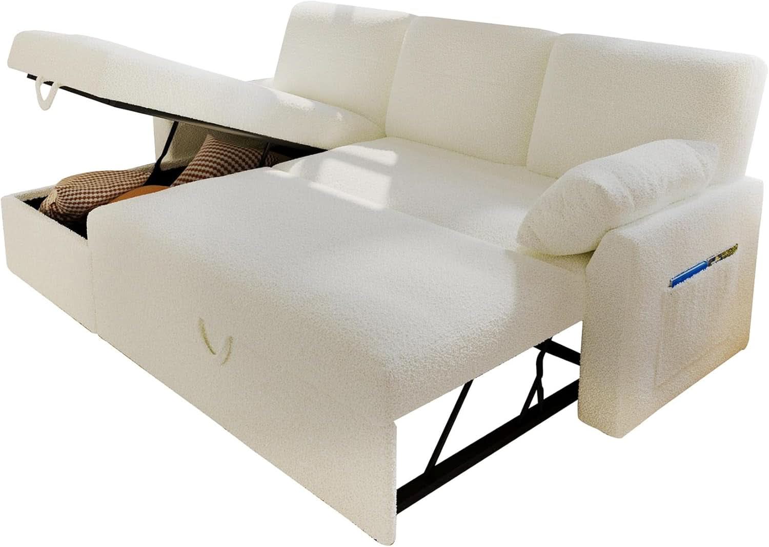 Sleeper Sofa Bed With Storage Chaise In White Boucle