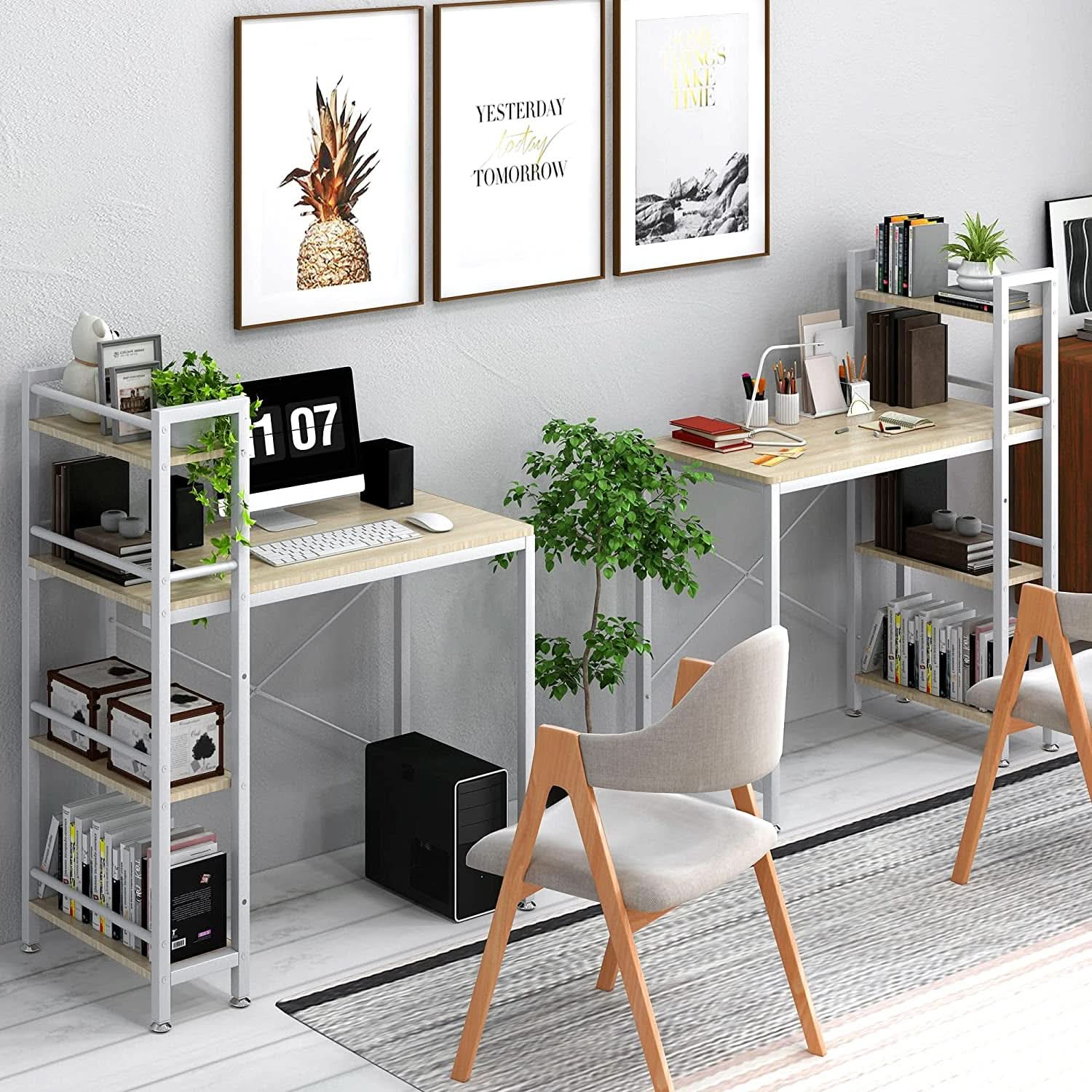 Small 4 Tier Desk With Bookshelf In Natural White Finish