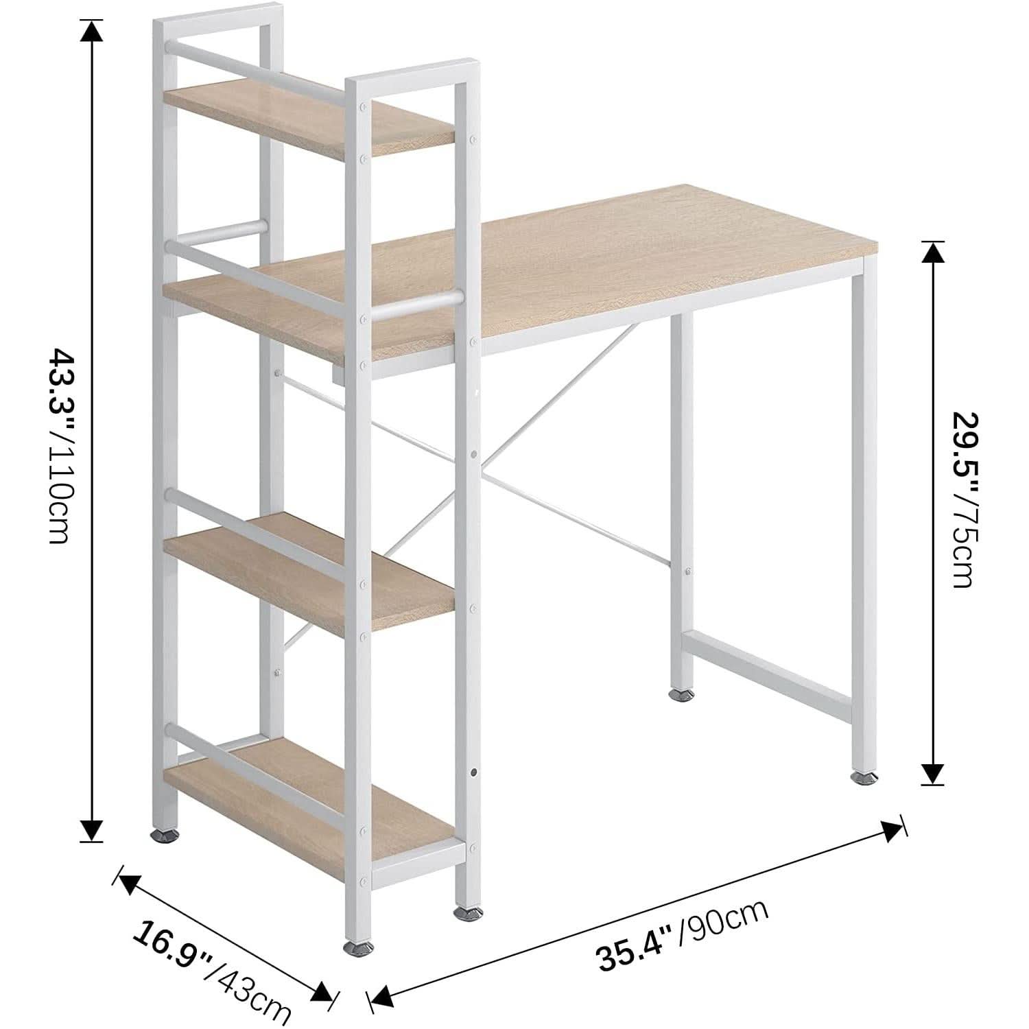 Small 4 Tier Desk With Bookshelf In Natural White Finish