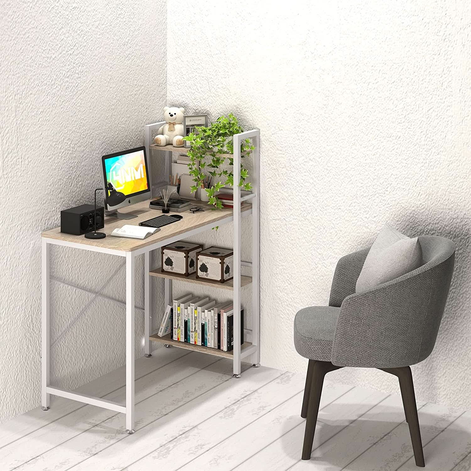 Small 4 Tier Desk With Bookshelf In Natural White Finish