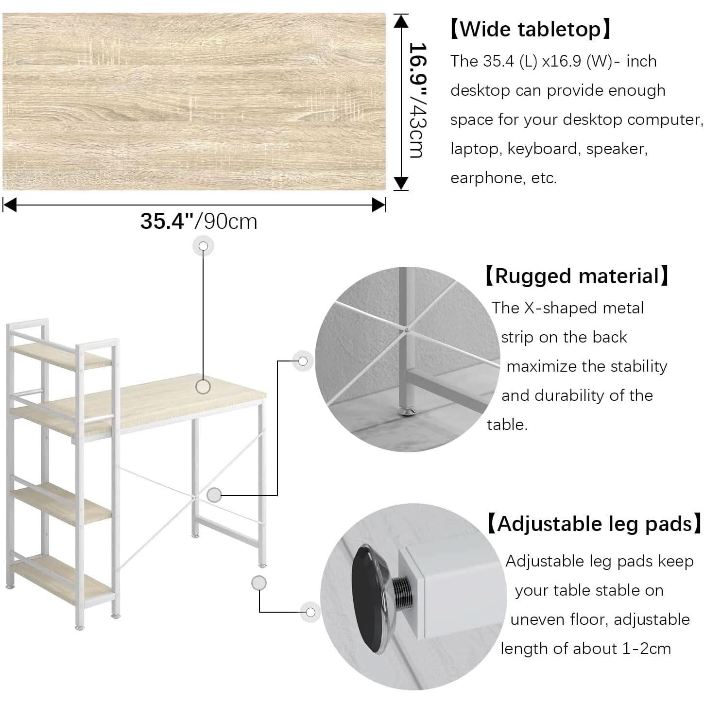 Small 4 Tier Desk With Bookshelf In Natural White Finish