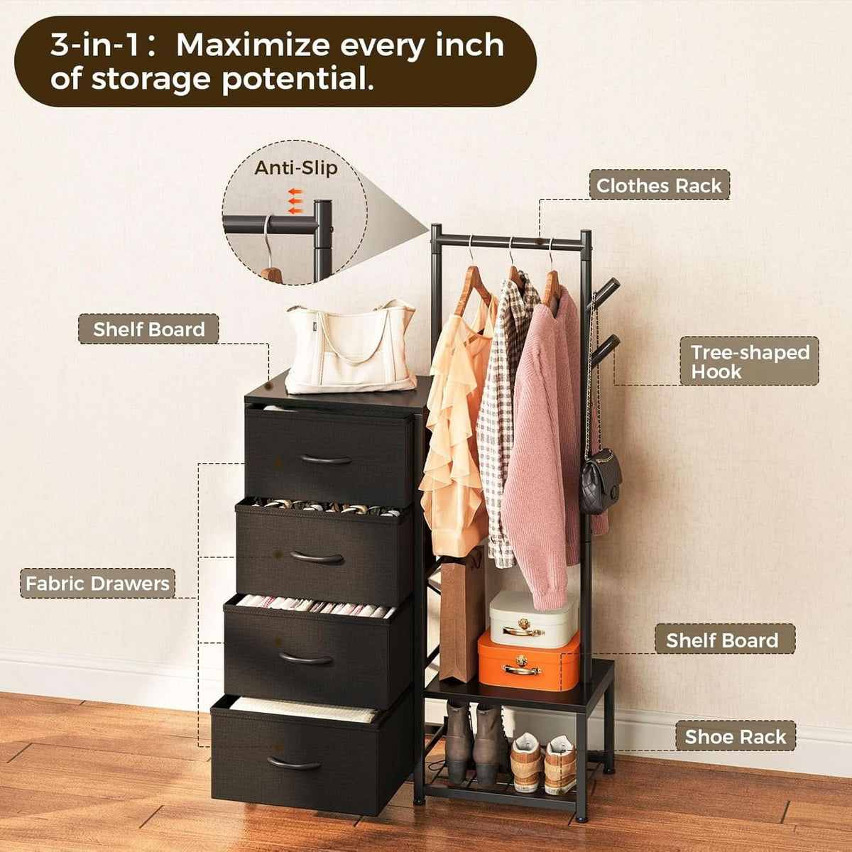 Small Black 3 In 1 Ultra Compact Dresser With Racks