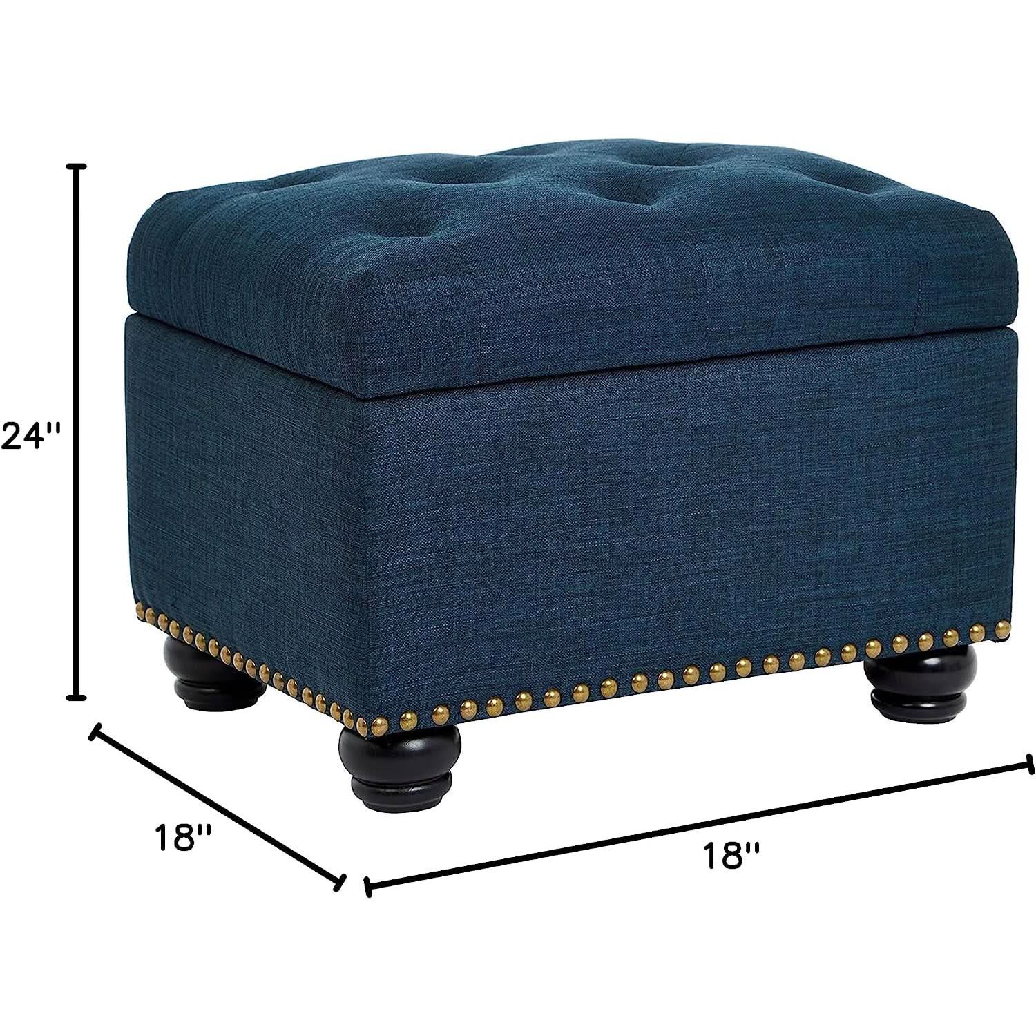 Small Blue Linen Storage Ottoman With Hinged Lid For Living Room