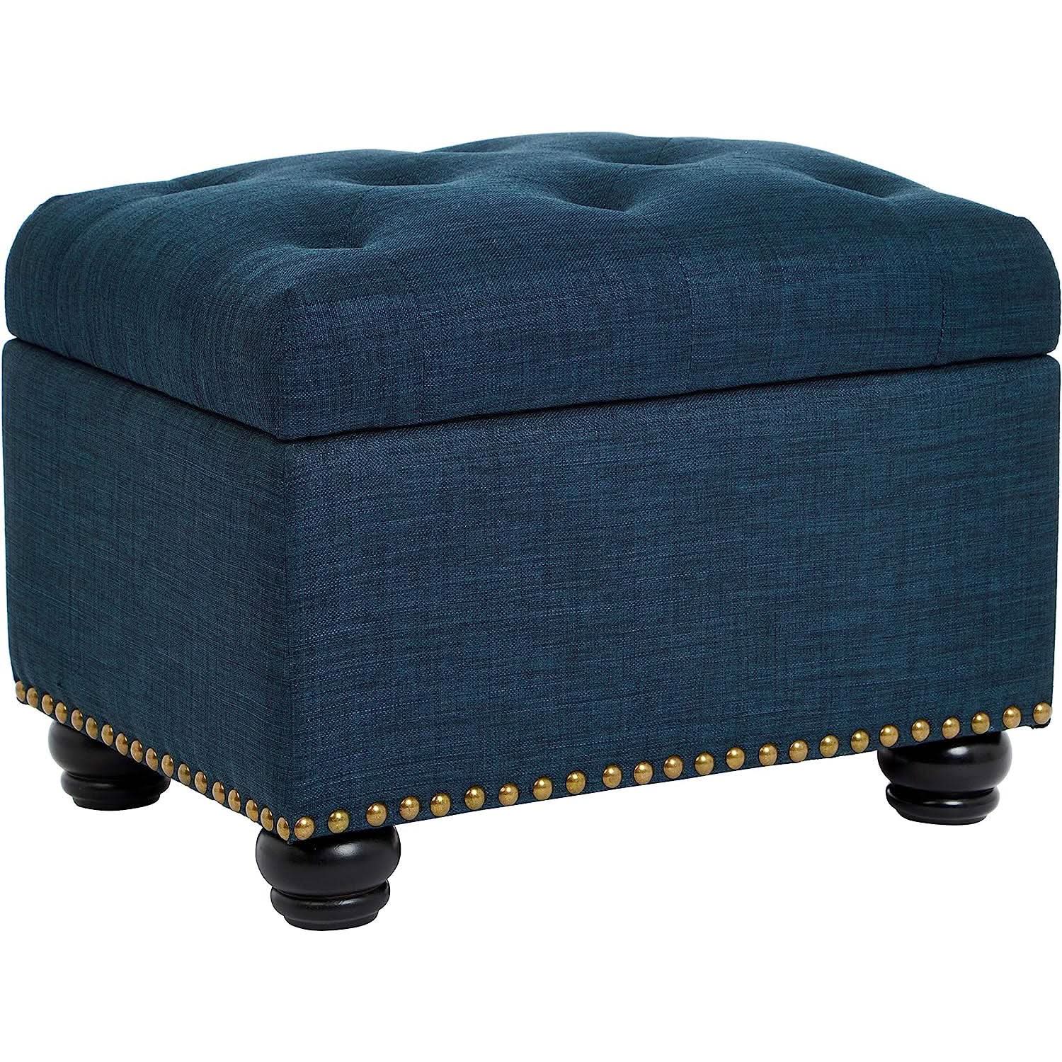 Small Blue Linen Storage Ottoman With Hinged Lid For Living Room