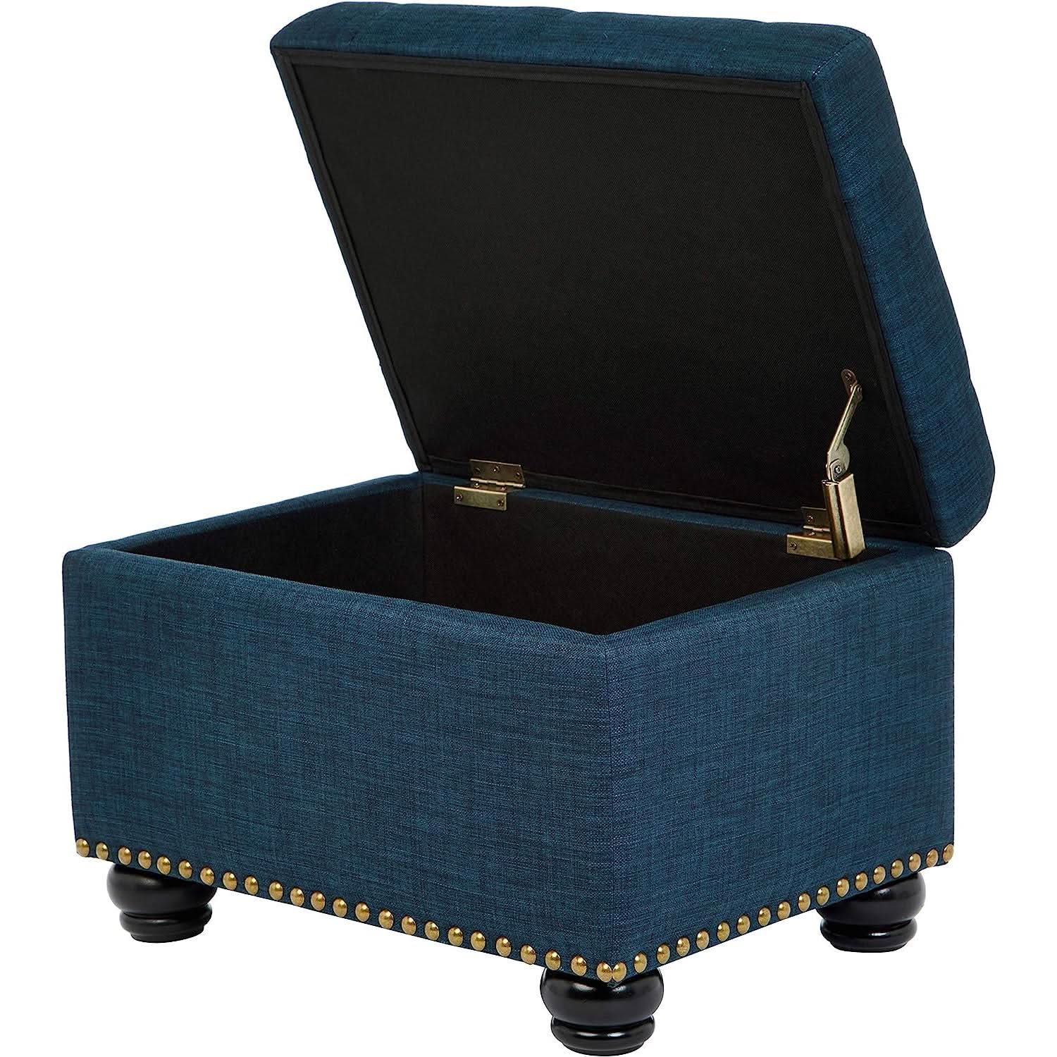 Small Blue Linen Storage Ottoman With Hinged Lid For Living Room