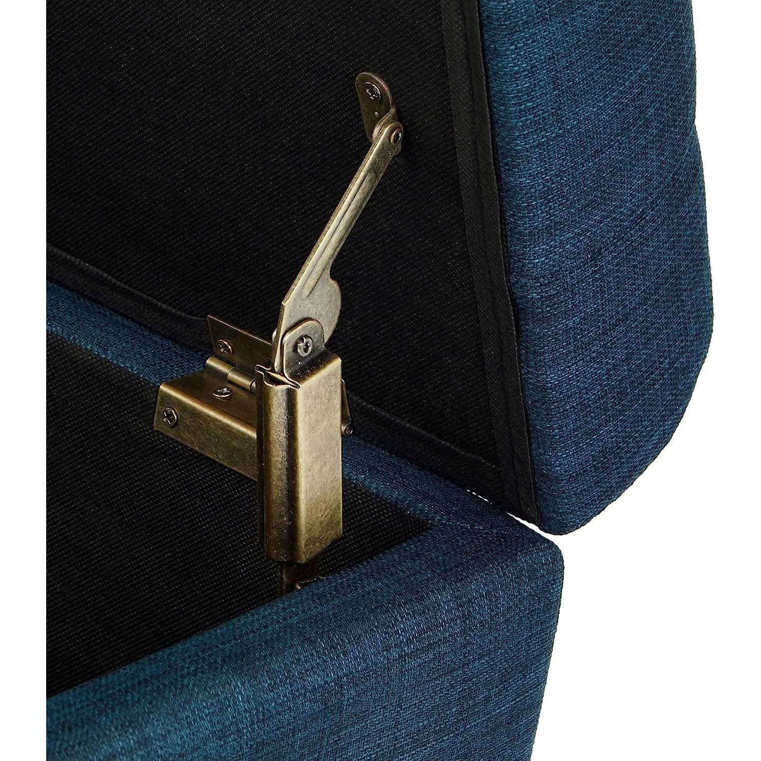 Small Blue Linen Storage Ottoman With Hinged Lid For Living Room