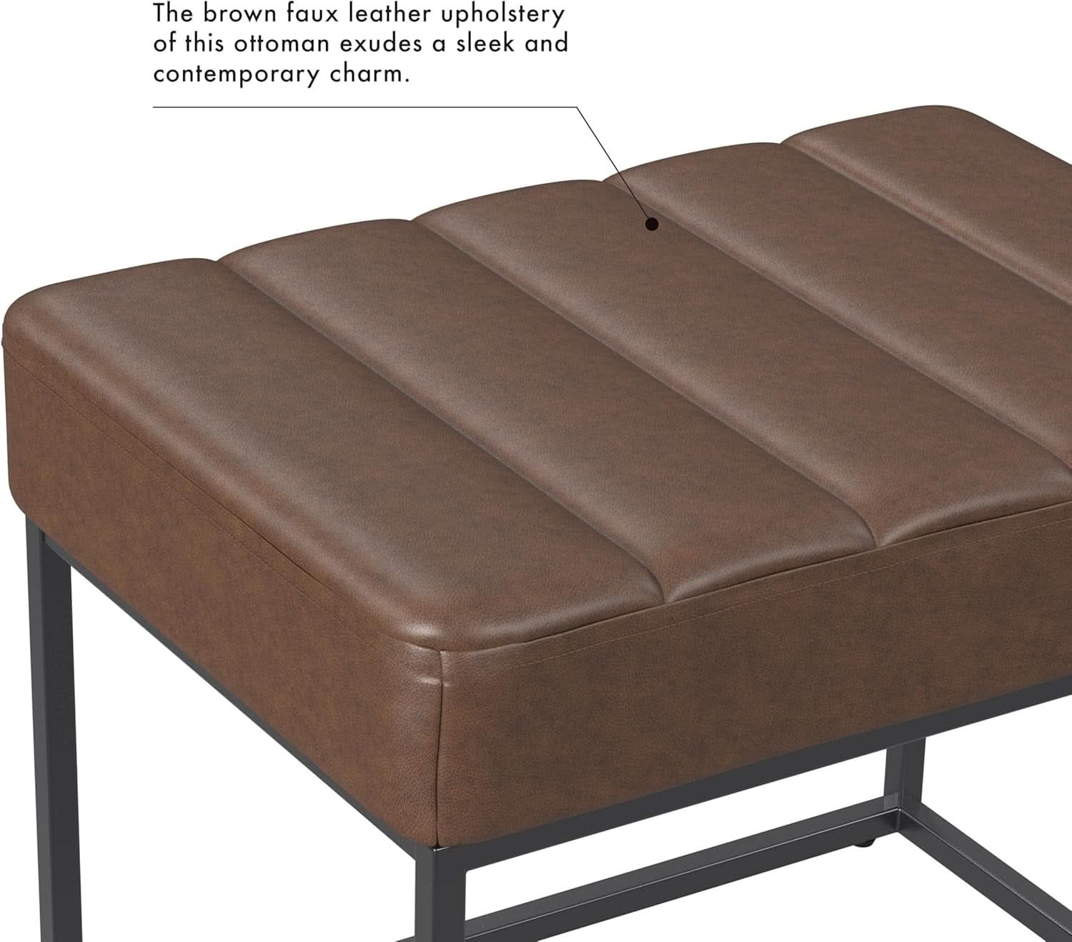Small Brown Faux Leatherette Channel Tufted Ottoman