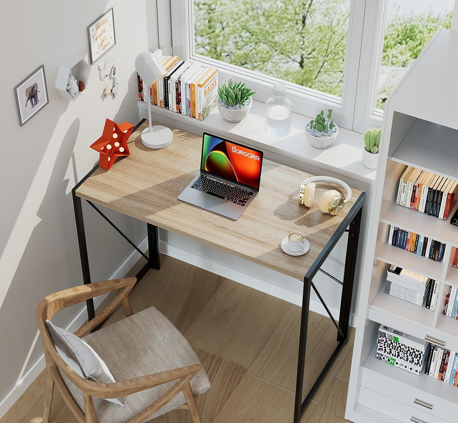 Small Folding Desk 31.5 Inch Beech Finish For Home Office