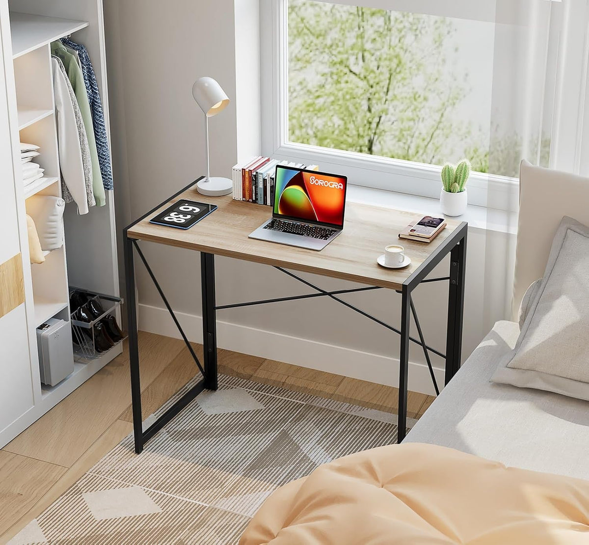 Small Folding Desk 31.5 Inch Beech Finish For Home Office