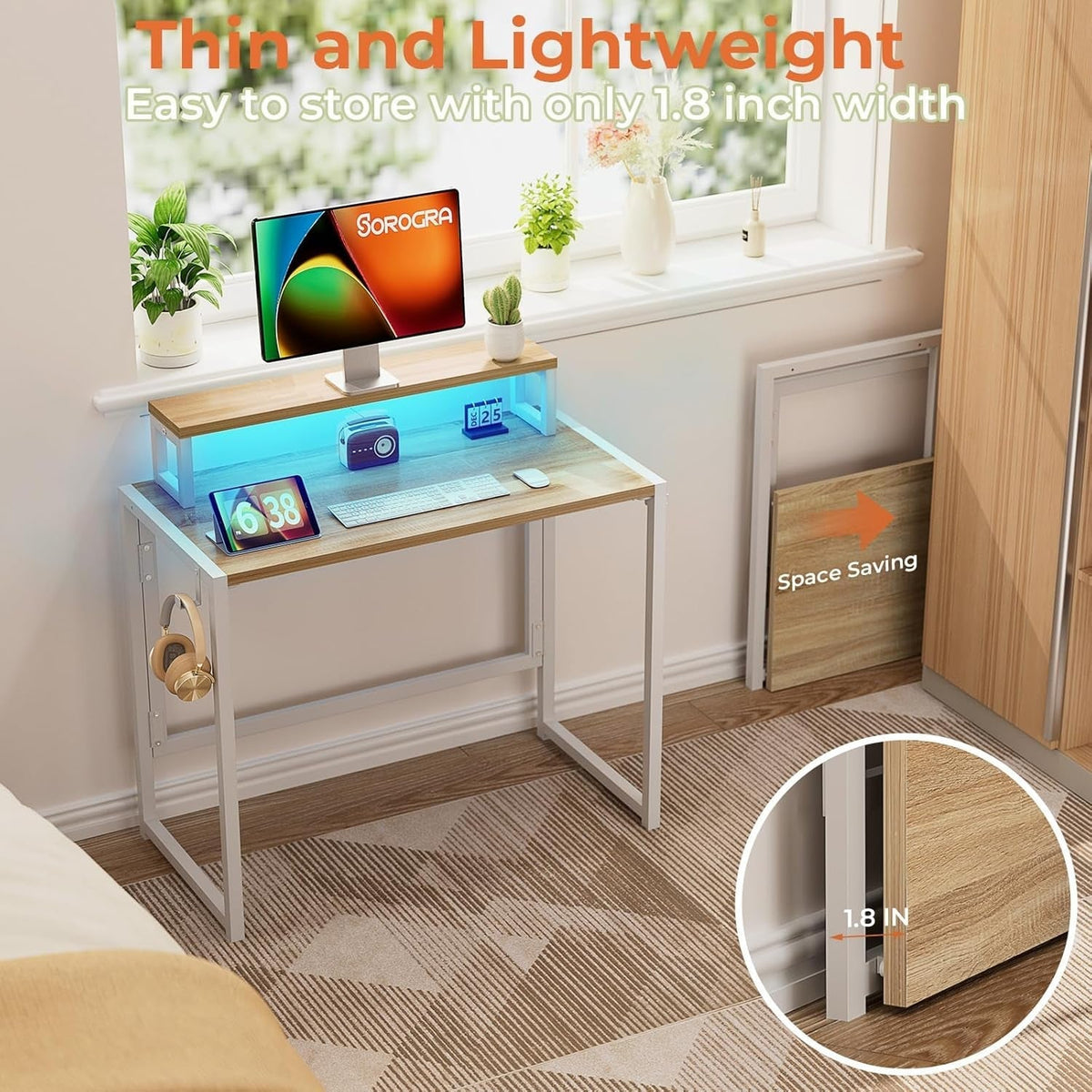 Small Folding Desk 31.5 Inch With LED Lights Monitor Stand