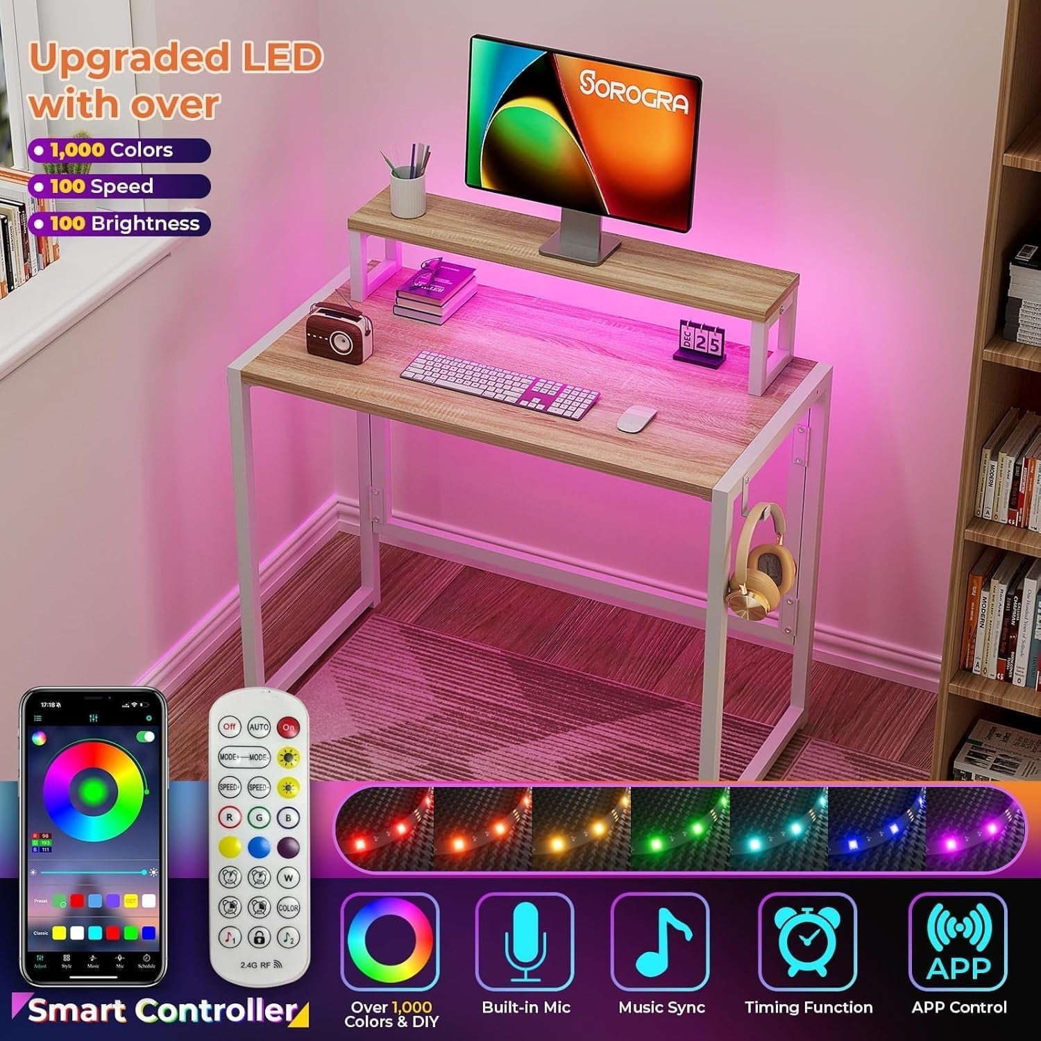 Small Folding Desk 31.5 Inch With LED Lights Monitor Stand