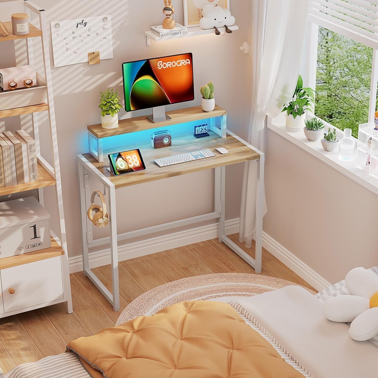 Small Folding Desk 31.5 Inch With LED Lights Monitor Stand