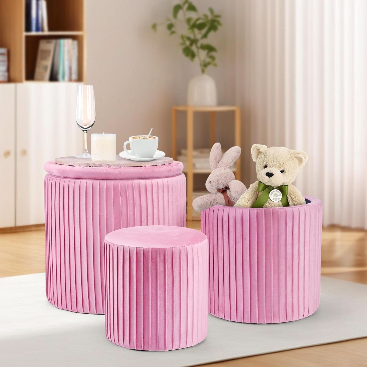 Small Round Velvet Ottoman With Storage Compartments