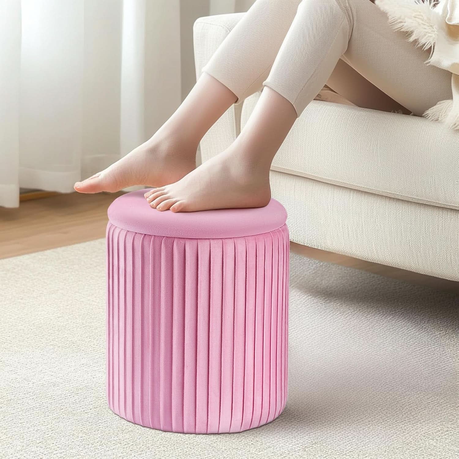 Small Round Velvet Ottoman With Storage Compartments