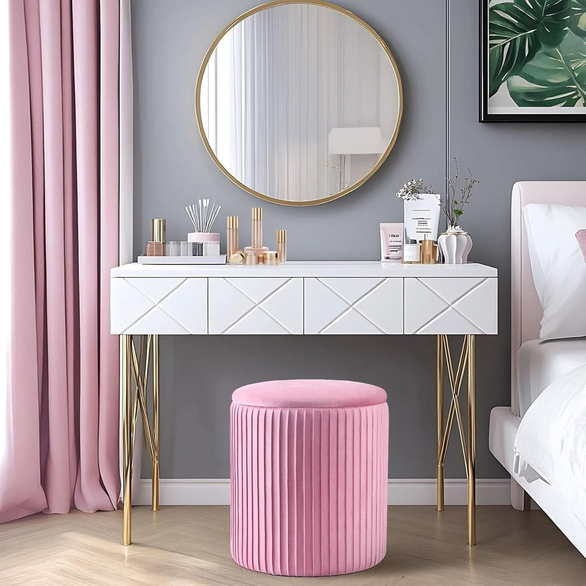 Small Round Velvet Ottoman With Storage Compartments