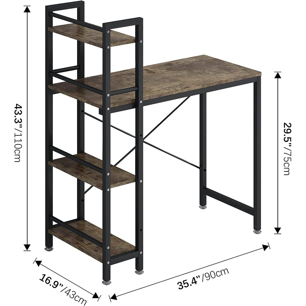 Small Rustic Desk With 4 Tier Bookshelf For Home Office