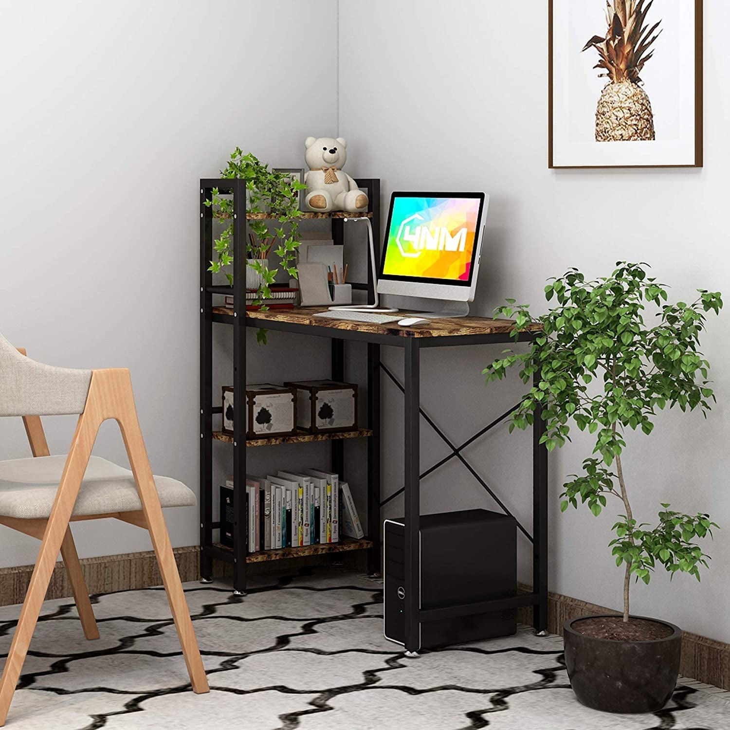 Small Rustic Desk With 4 Tier Bookshelf For Home Office
