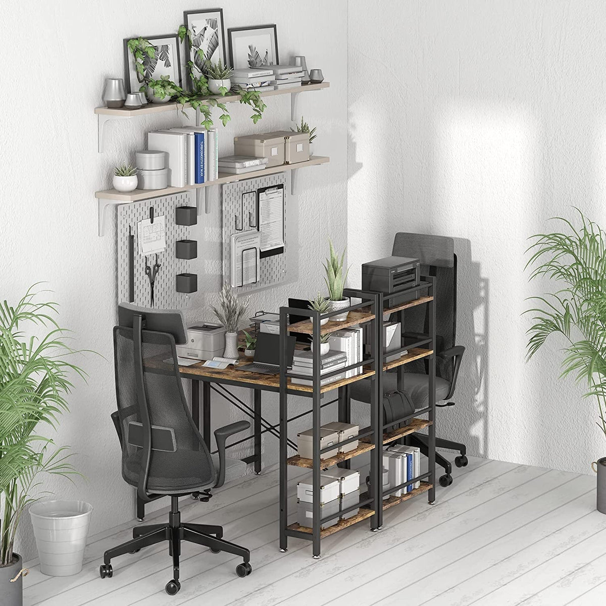 Small Rustic Desk With 4 Tier Bookshelf For Home Office