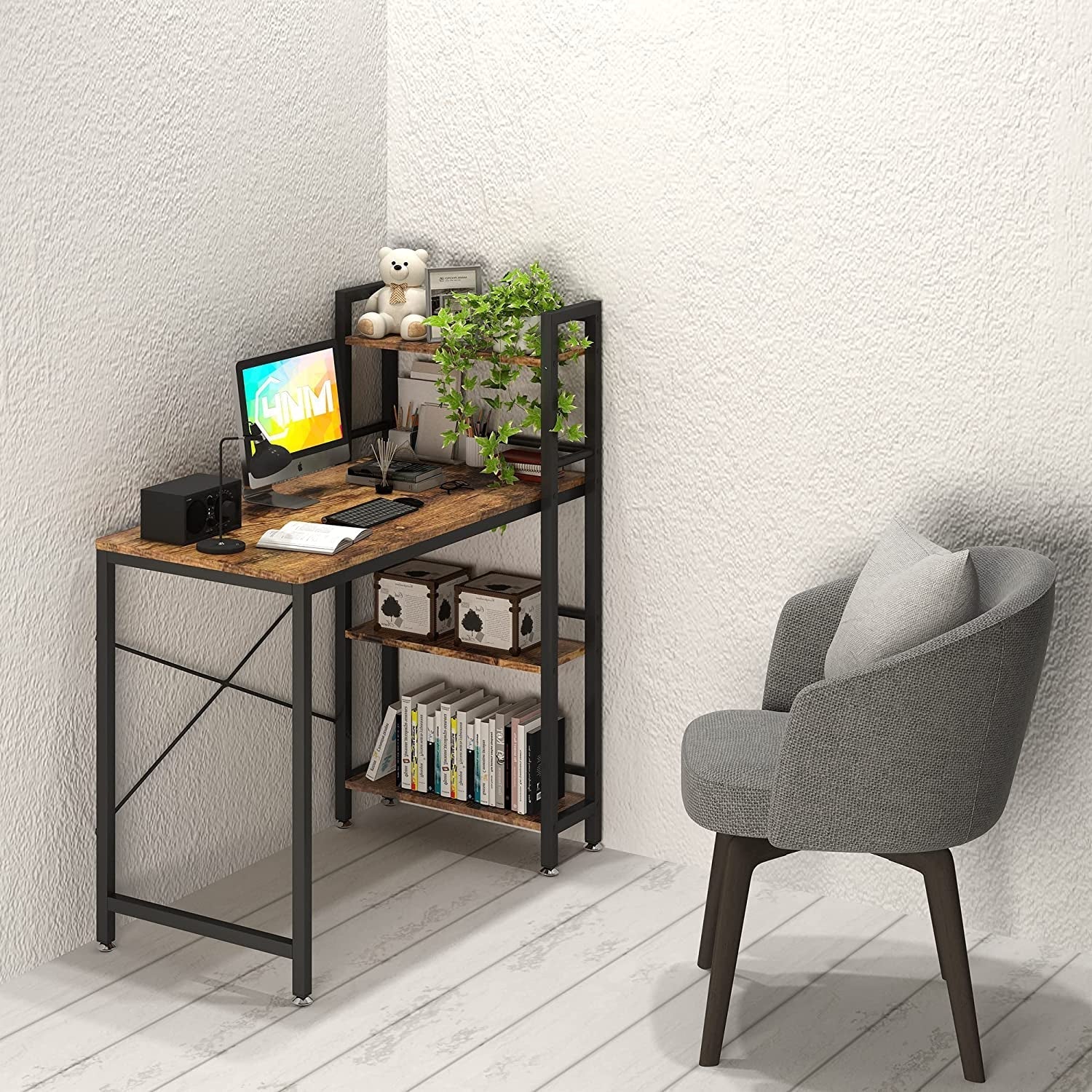 Small Rustic Desk With 4 Tier Bookshelf For Home Office