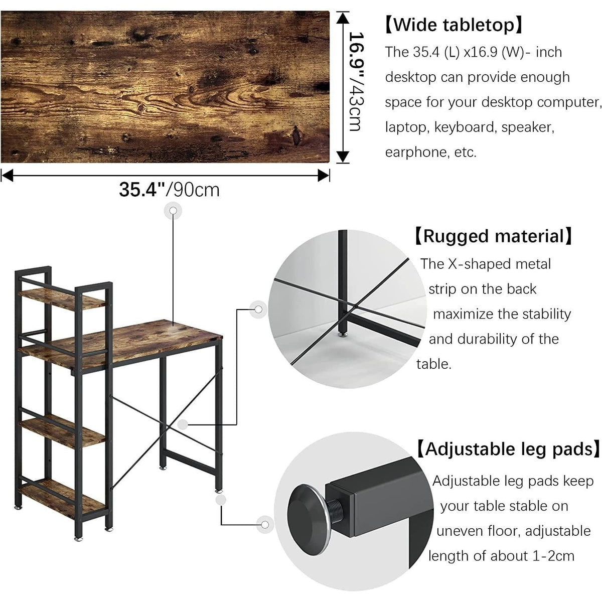 Small Rustic Desk With 4 Tier Bookshelf For Home Office