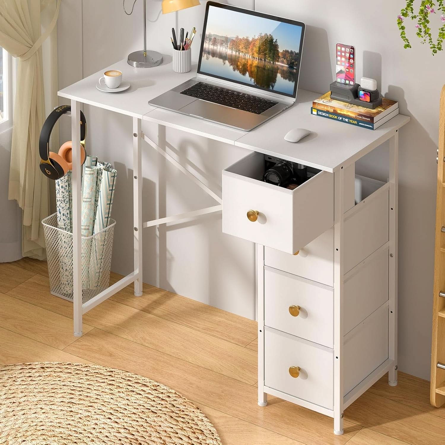 Small White Computer Small White Computer Desk With 4 Fabric Drawers 35 Inch