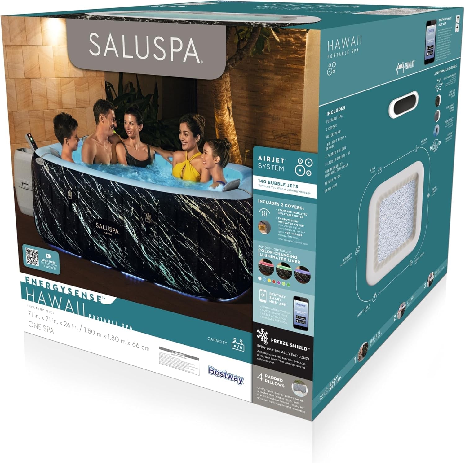 Smart App Controlled LED Square Hot Tub For 4 To 6 People