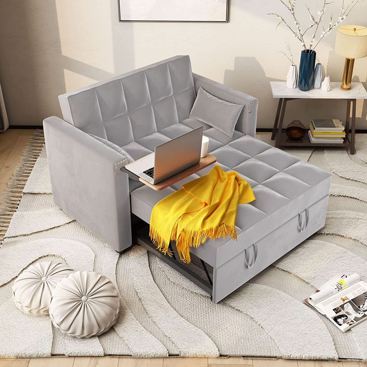 Sofa Bed With Hidden Table Velvet Fabric For Small Spaces