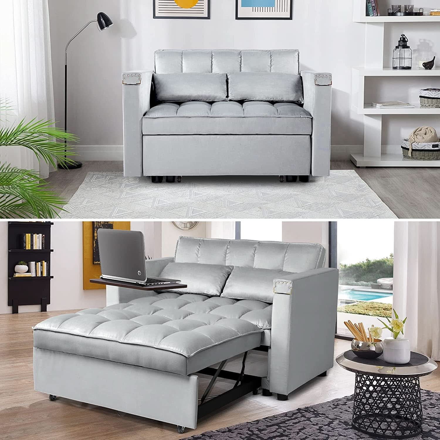 Sofa Bed With Hidden Table Velvet Fabric For Small Spaces