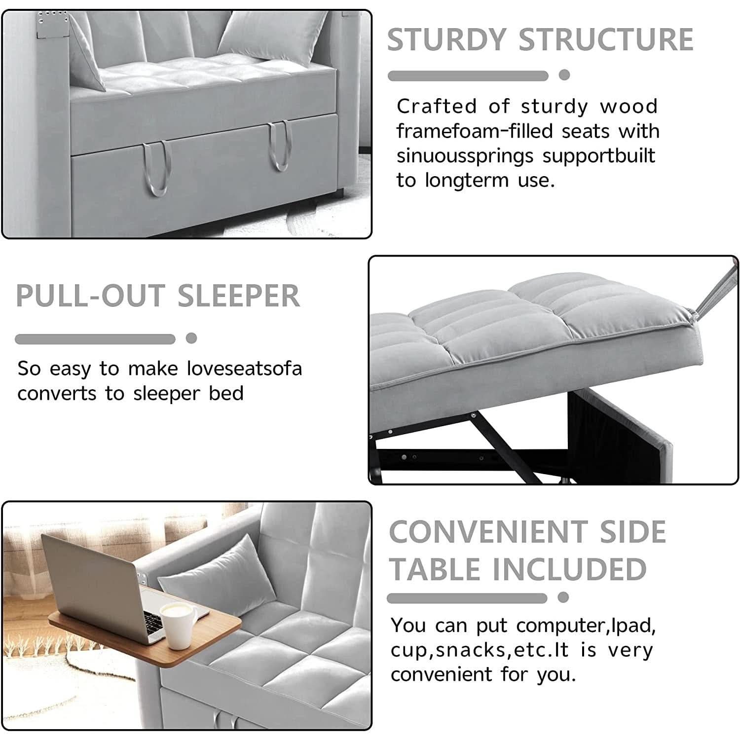 Sofa Bed With Hidden Table Velvet Fabric For Small Spaces