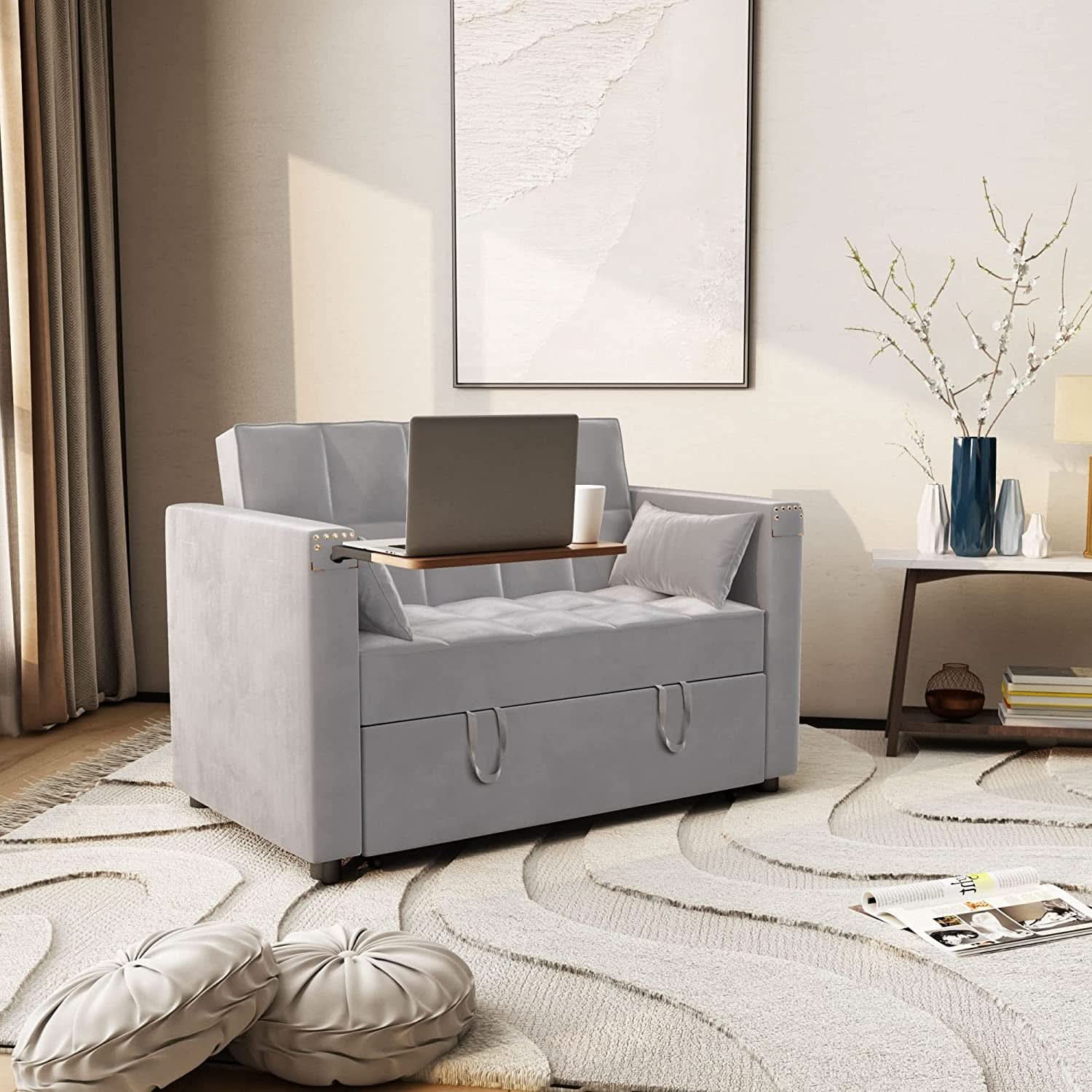 Sofa Bed With Hidden Table Velvet Fabric For Small Spaces