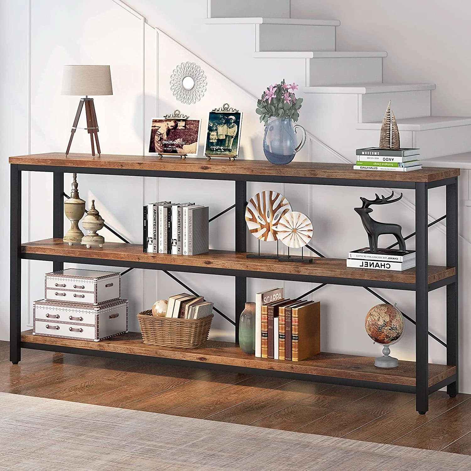 Sofa Table 70.8 Inch Long 3 Tier Open Storage Brown
