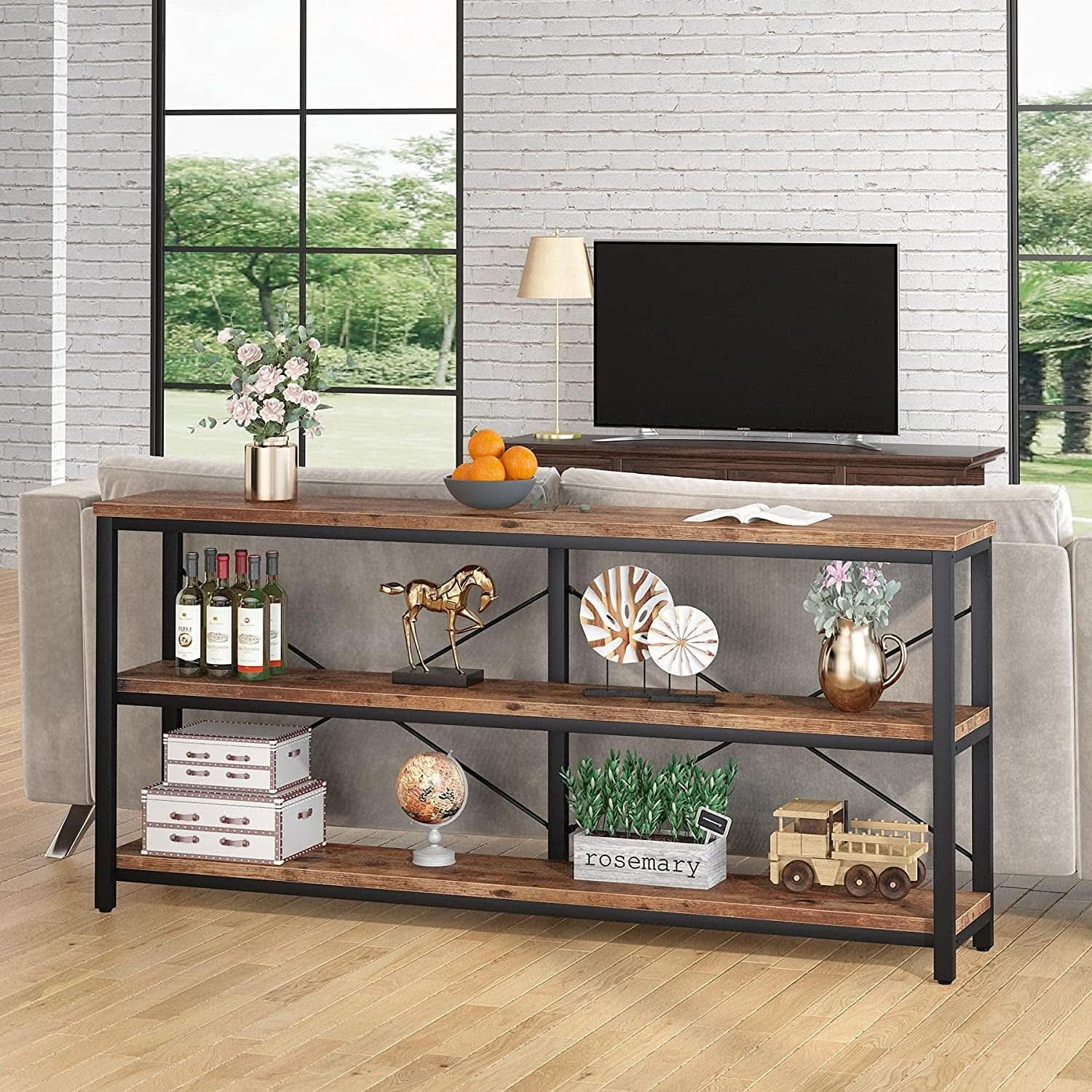 Sofa Table 70.8 Inch Long 3 Tier Open Storage Brown