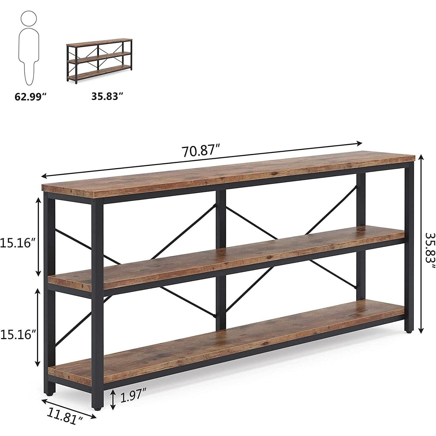 Sofa Table 70.8 Inch Long 3 Tier Open Storage Brown