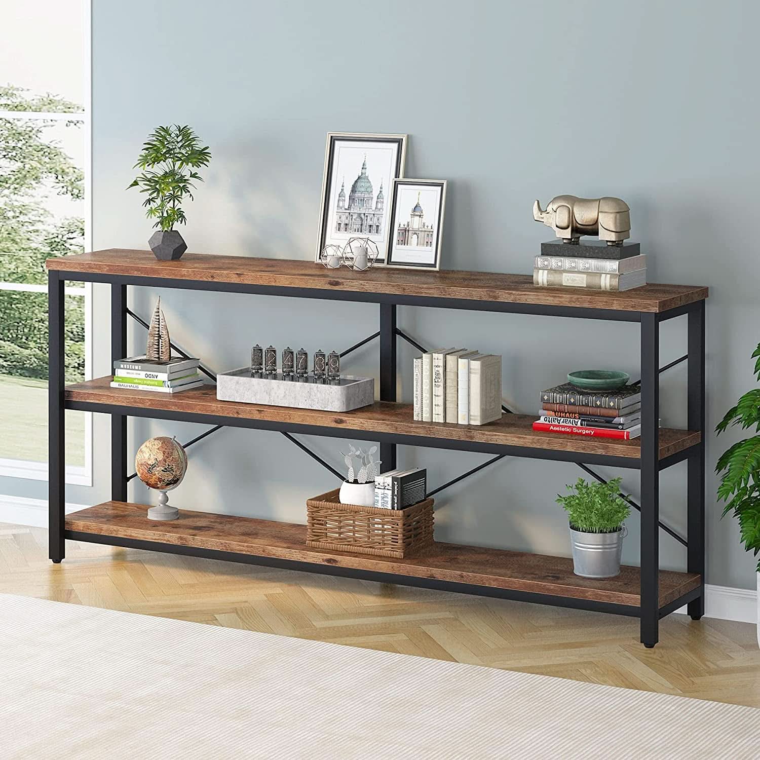 Sofa Table 70.8 Inch Long 3 Tier Open Storage Brown