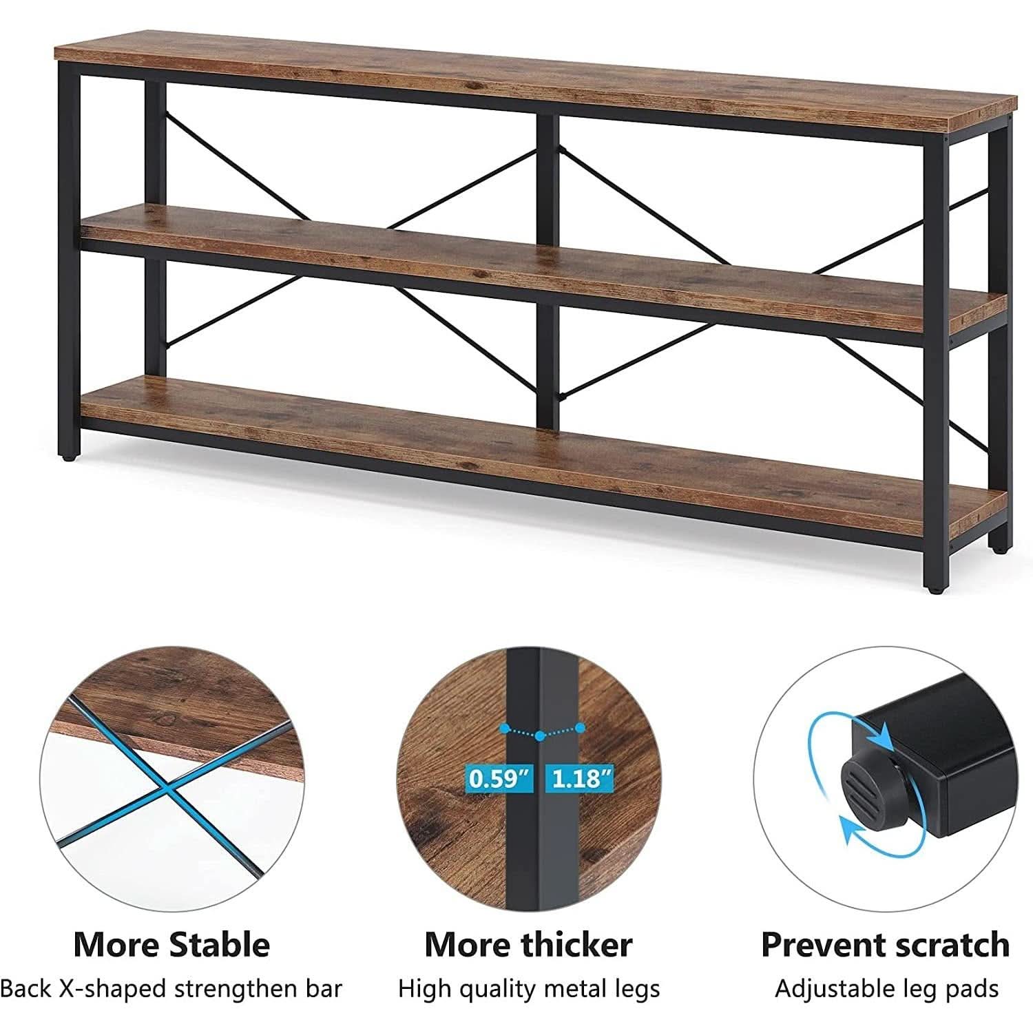 Sofa Table 70.8 Inch Long 3 Tier Open Storage Brown