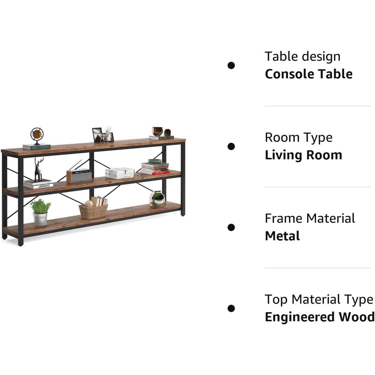 Sofa Table 70.8 Inch Long 3 Tier Open Storage Brown