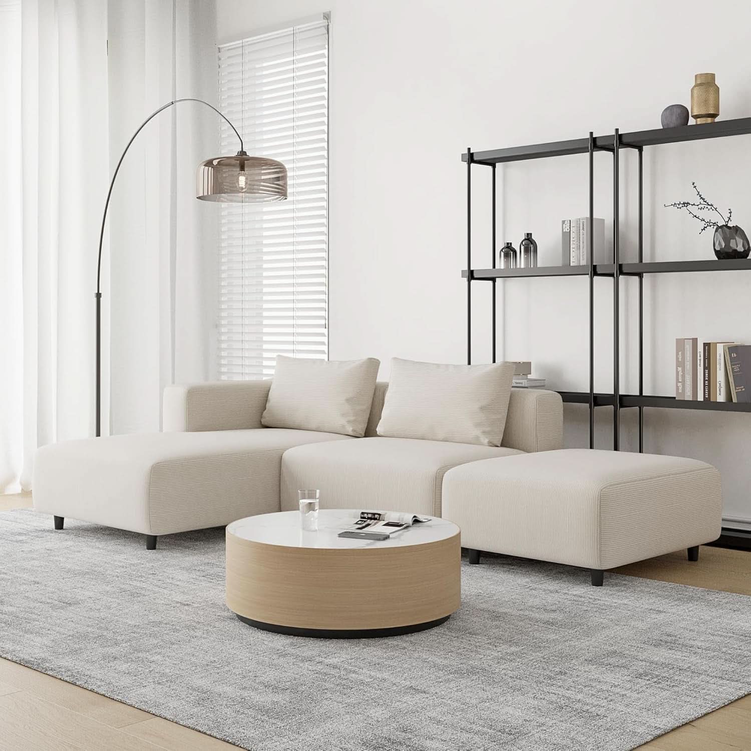 Soft Corduroy Sectional Sofa Set L Shaped Cream Modular