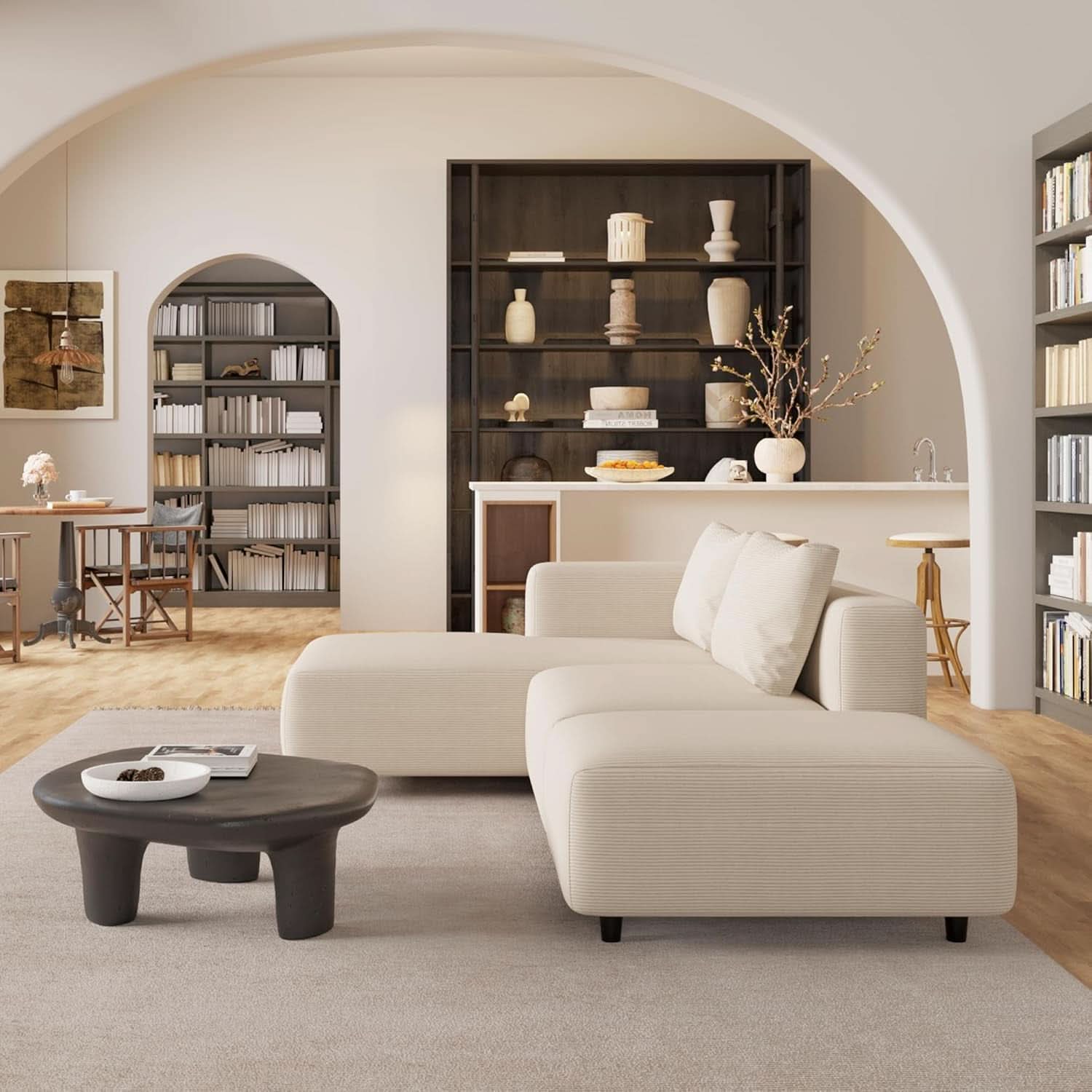 Soft Corduroy Sectional Sofa Set L Shaped Cream Modular