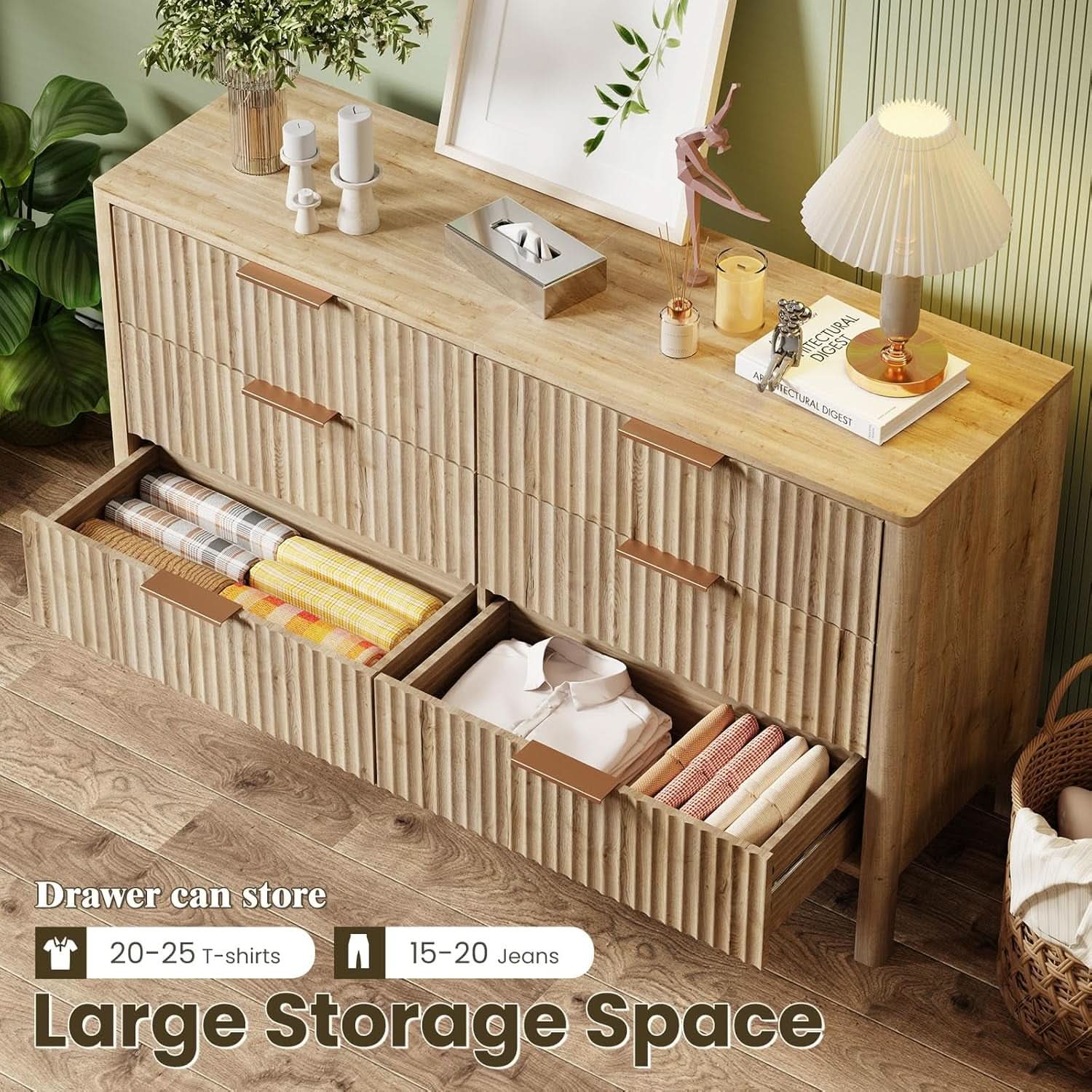 Solid Oak 55 Inch Wide Dresser With Six Drawers For Bedroom