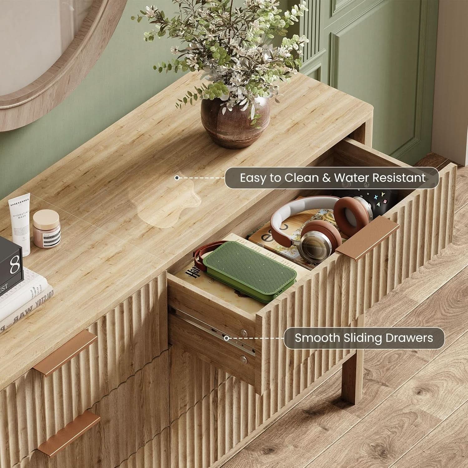 Solid Oak 55 Inch Wide Dresser With Six Drawers For Bedroom