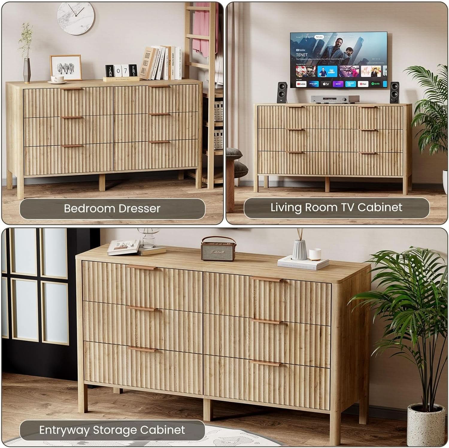 Solid Oak 55 Inch Wide Dresser With Six Drawers For Bedroom